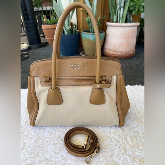 Prada Cuir Frame Convertible Tote Canvas And Saffiano Leather Bag - Picture 3 of 14